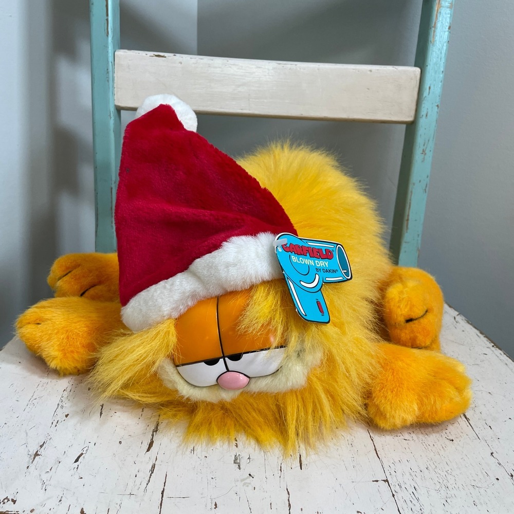 Vintage 1990 Garfield Blown Dry Christmas Plush Dakin Santa Hat Fluffy Hair NWT